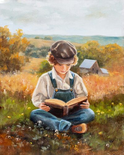 Farmer boy reading a book . van Lucía Verdejo, Schilderij te koop op Singulart