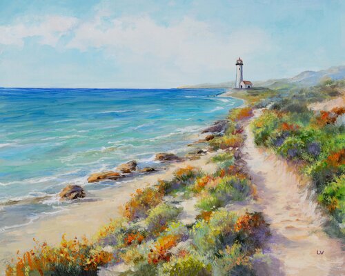 Coastal path to the lighthouse van Lucía Verdejo, Schilderij te koop op Singulart