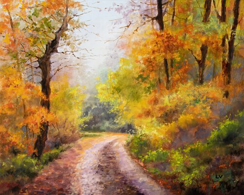 Autumn road in the forest van Lucía Verdejo, Schilderij te koop op Singulart