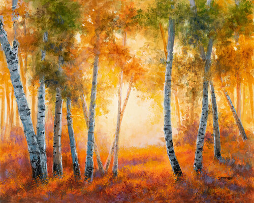 Autumn birch tree forest scene van Lucía Verdejo, Schilderij te koop op Singulart