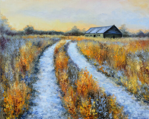 Frosty country road in winter di Lucía Verdejo, Pittura in vendita su Singulart
