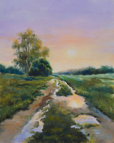 Rainy country road landscape van Lucía Verdejo, Schilderij te koop op Singulart