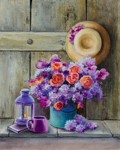 Red and purple flowers still life. by Lucía Verdejo, Painting for Sale on Singulart