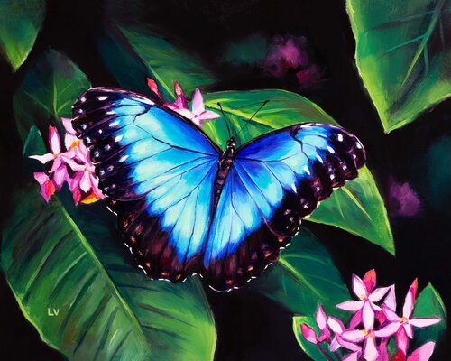 Blue butterfly and pink flowers van Lucía Verdejo, Schilderij te koop op Singulart