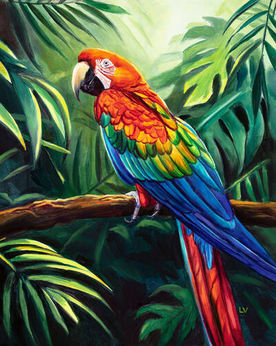 Scarlet macaw parrot in the jungle van Lucía Verdejo, Schilderij te koop op Singulart