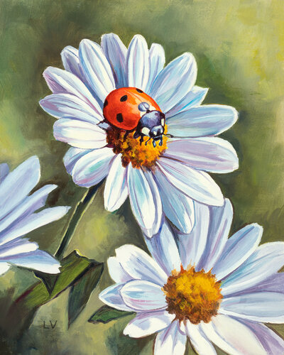 Ladybug on white daisy flowers by Lucía Verdejo, Painting for Sale on Singulart