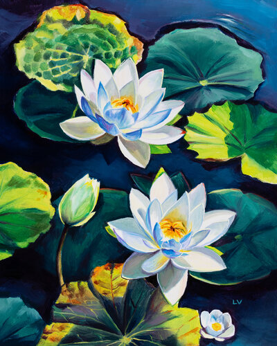 White water lily flowers on a pond by Lucía Verdejo, 회화 for Sale on Singulart