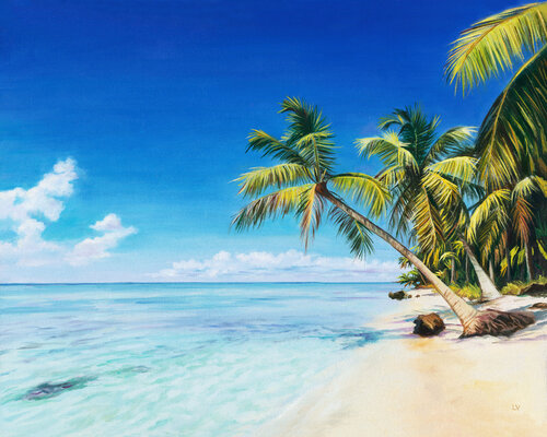 Tropical beach with palm trees by Lucía Verdejo, Painting for Sale on Singulart