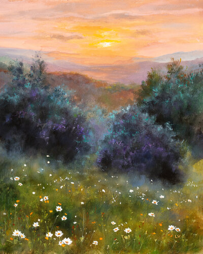 Sunset with white daisies van Lucía Verdejo, Schilderij te koop op Singulart