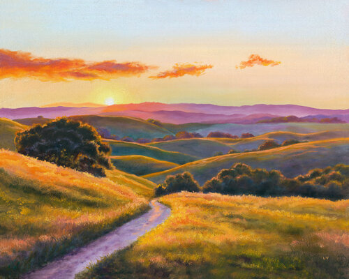 Rolling hills of California at sunset by Lucía Verdejo, Painting for Sale on Singulart