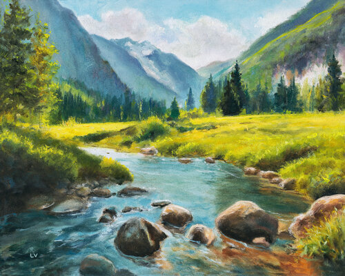 River in sunny mountain valley van Lucía Verdejo, Schilderij te koop op Singulart