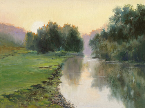 Cloudy sunrise on river landscape by Lucía Verdejo, Painting for Sale on Singulart