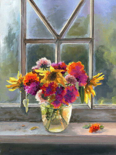 Vase of marigolds on a window. by Lucía Verdejo, Painting for Sale on Singulart