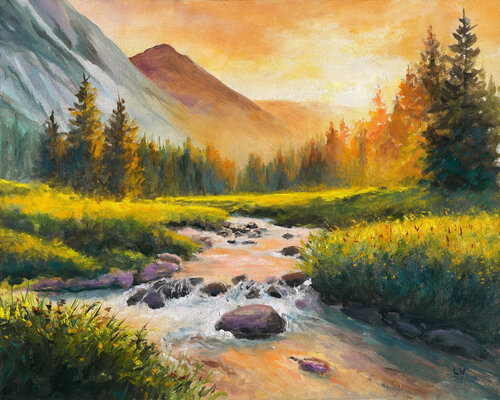 Pine trees by the river sunset by Lucía Verdejo, Painting for Sale on Singulart