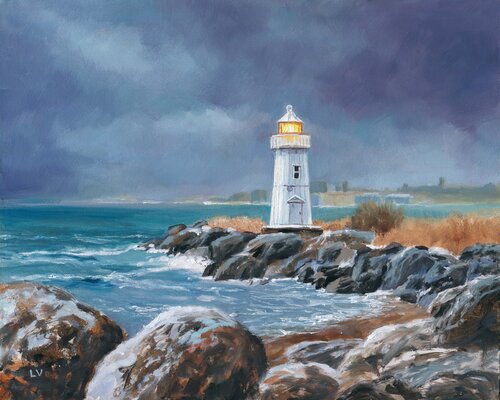 Lighthouse in blue-gray sky di Lucía Verdejo, Pittura in vendita su Singulart