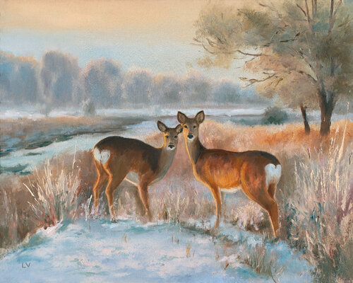 Snowy landscape with deer van Lucía Verdejo, Schilderij te koop op Singulart