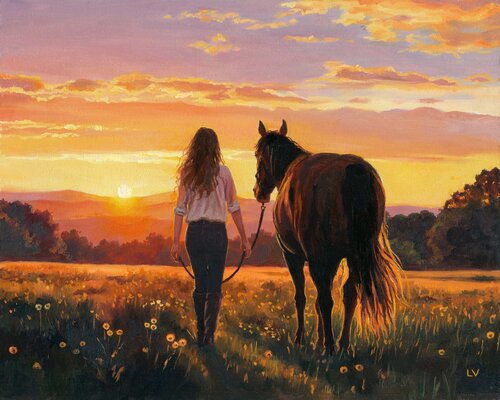 Woman walking with a horse in a sunset field by Lucía Verdejo, Painting for Sale on Singulart