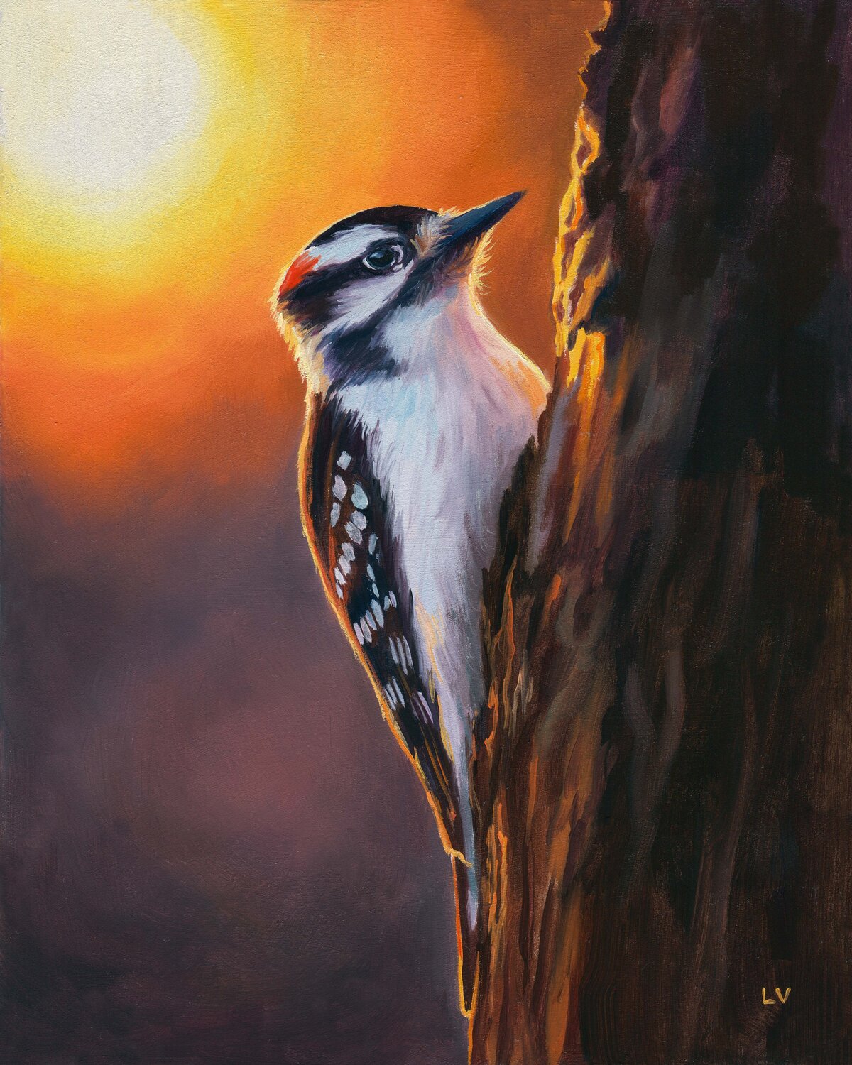 Downy woodpecker on a trunk Lucía Verdejo Origineel schilderij te koop