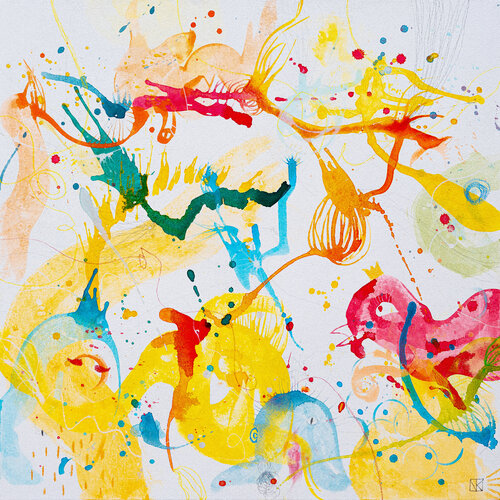 Flüssige Freude mit rotem Vogel de Nora Kalinda, Pintura a la venta en Singulart