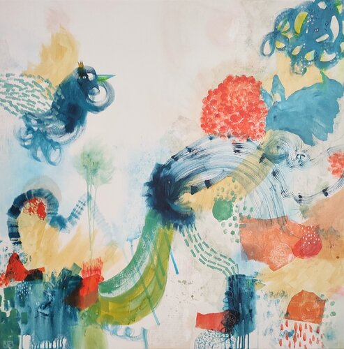 Der Hase und seine Vogelfreunde de Nora Kalinda, Pintura a la venta en Singulart