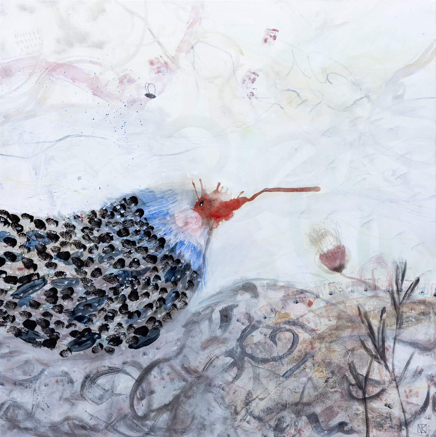 Moorhuhn im Blumenfeld Nora Kalinda Originalgemälde zu verkaufen
