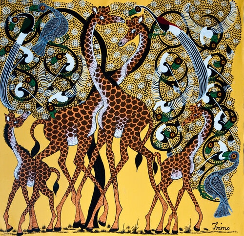 Giraffenfamilie in Gelb by Iris Monhof, Painting for Sale on Singulart