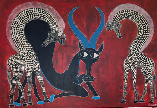 Antilope und Giraffen im Einklang de Iris Monhof, Pintura a la venta en Singulart