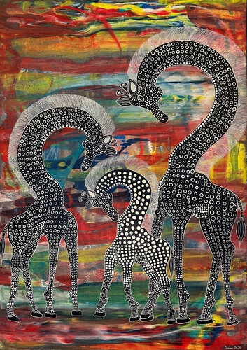 Giraffenfamilie auf abstraktem, buntem Hintergrund de Iris Monhof, Pintura a la venta en Singulart