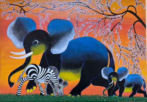 Elefantenmama mit Baby und Zebra van Iris Monhof, Schilderij te koop op Singulart