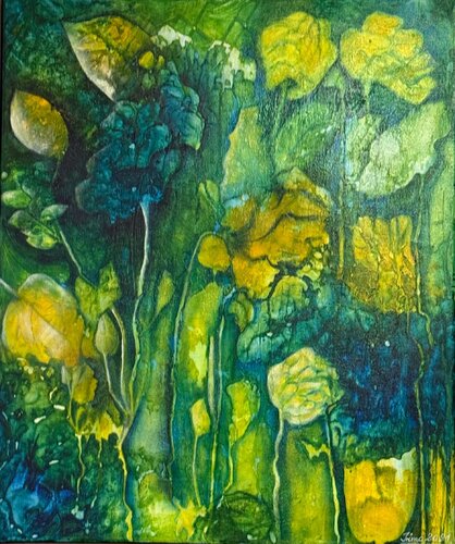 Blütenpracht grün / blau / geld van Iris Monhof, Schilderij te koop op Singulart