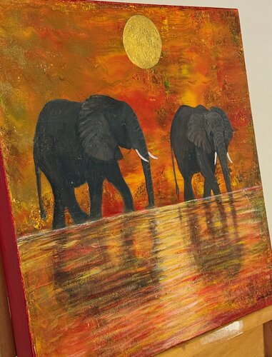 Elefanten in der Dämmerung van Iris Monhof, Schilderij te koop op Singulart