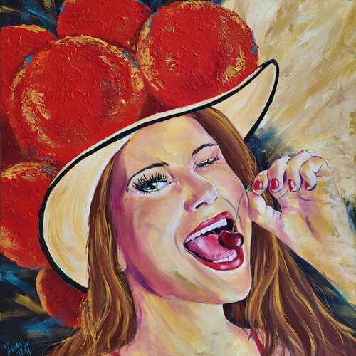 Schwarzwaldmädel  mit Kirsche di Inge Gründel-Pfaff, Pittura in vendita su Singulart