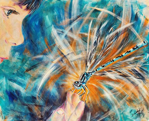 Krafttier Libelle  Vogel-Azurjungfer van Inge Gründel-Pfaff, Schilderij te koop op Singulart