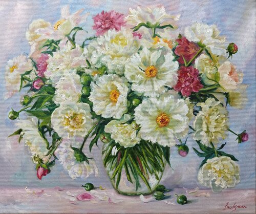 Peonies and green walnuts still life von Jane Lantsman, Malerei kaufen auf Singulart