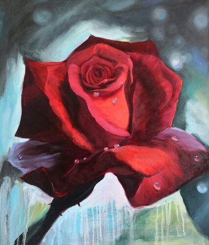 Rose with dew drops di Jane Lantsman, Pittura in vendita su Singulart