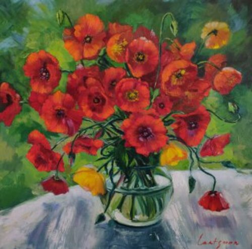 Poppies in a transparent vase di Jane Lantsman, Pittura in vendita su Singulart