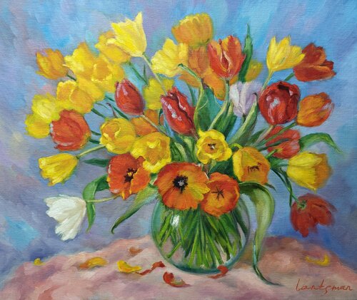 Colorful tulips in a transparent vase von Jane Lantsman, Malerei kaufen auf Singulart