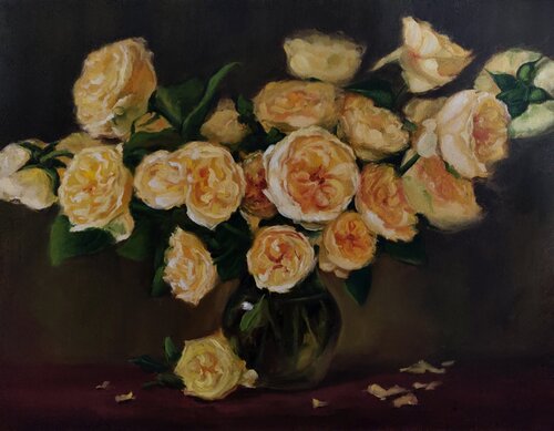 Yellow peony roses in a transparent vase di Jane Lantsman, Pittura in vendita su Singulart