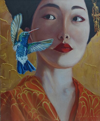 Geisha with hummingbird di Jane Lantsman, Pittura in vendita su Singulart