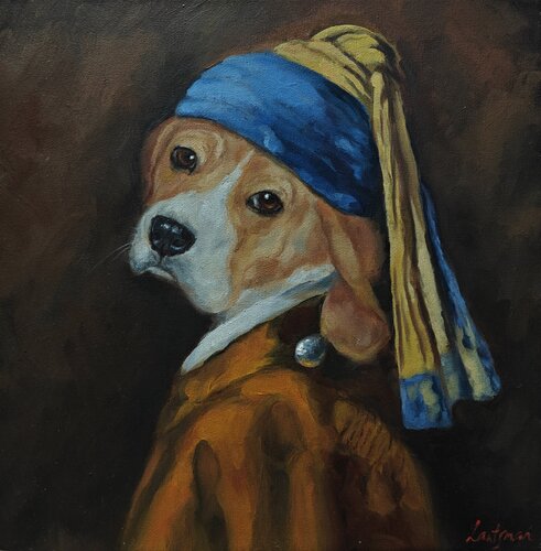The dog with a Pearl Earing von Jane Lantsman, Malerei kaufen auf Singulart