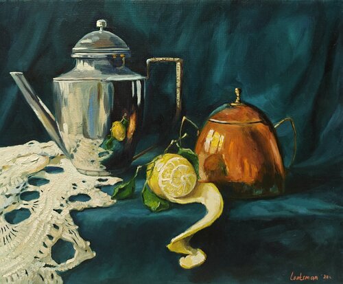 Still life with peeled lemon, Silver dishes and knitted shawl by Jane Lantsman, Painting for Sale on Singulart