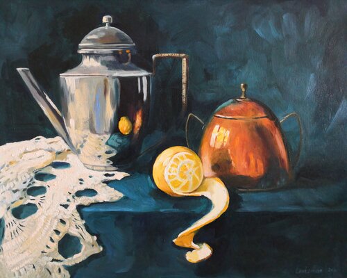 Still life with peeled lemon, Silver dishes and knitted shawl von Jane Lantsman, Malerei kaufen auf Singulart