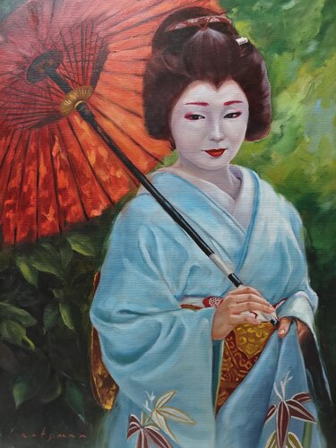 Beautiful Maiko with red umbrella di Jane Lantsman, Pittura in vendita su Singulart