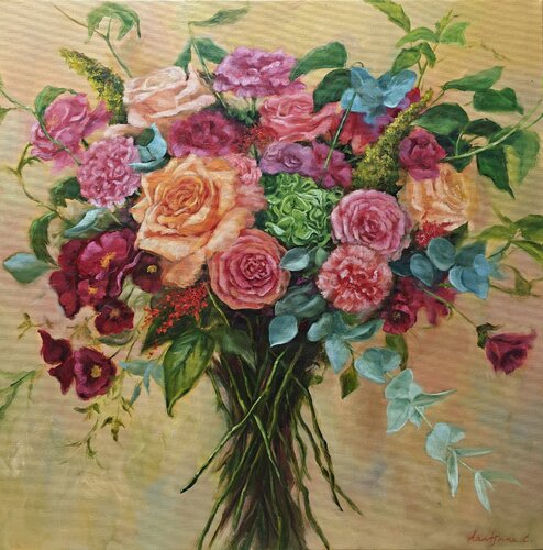 Vibrant bouquet of roses and other flowers by Jane Lantsman, Painting for Sale on Singulart