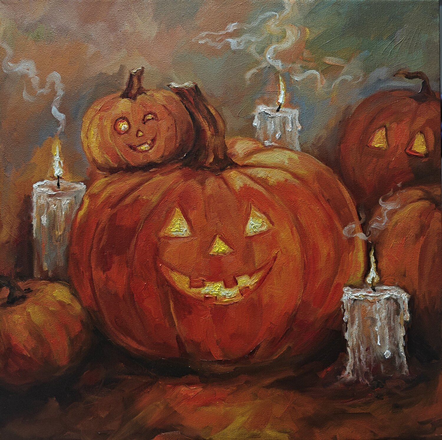 Halloween - The Pumpkin Family Jane Lantsman Originalgemälde zu verkaufen