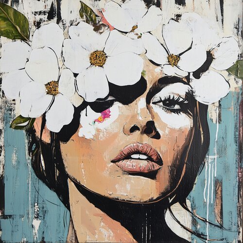 WHITE FLOWER WOMAN de Claudia Sauter, Pintura a la venta en Singulart