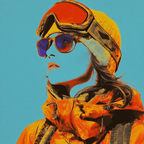 LIGHT BLUE ORANGE SKIING von Claudia Sauter, Malerei kaufen auf Singulart