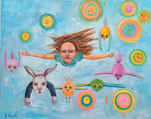 Smiling at the Wind Alice in Wonderland Painting di Zinaida Vysota Dacenko, Pittura in vendita su Singulart