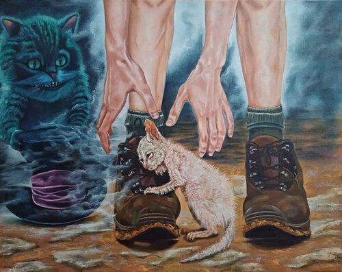 Cheshire cat"s new friend - the kitten found a friend. van Zinaida Vysota Dacenko, Schilderij te koop op Singulart