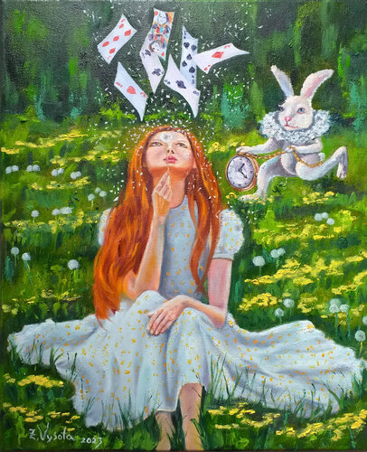 Chasing Time: Alice and the March Rabbit. van Zinaida Vysota Dacenko, Schilderij te koop op Singulart